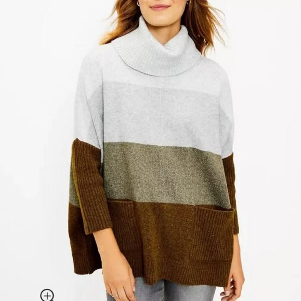 LOFT Oversized Green/Gray Colorblock Pocket Poncho Sweater Gray Ombré Size Small